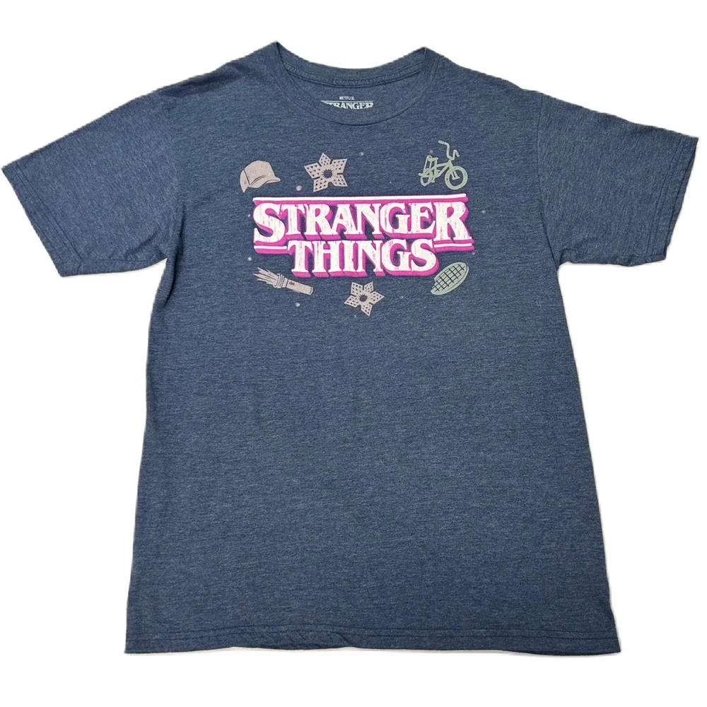 Stranger Things Graphic T Shirt Adult Size M Cotton Heathered Blue Pink Casual - Picture 2 of 8